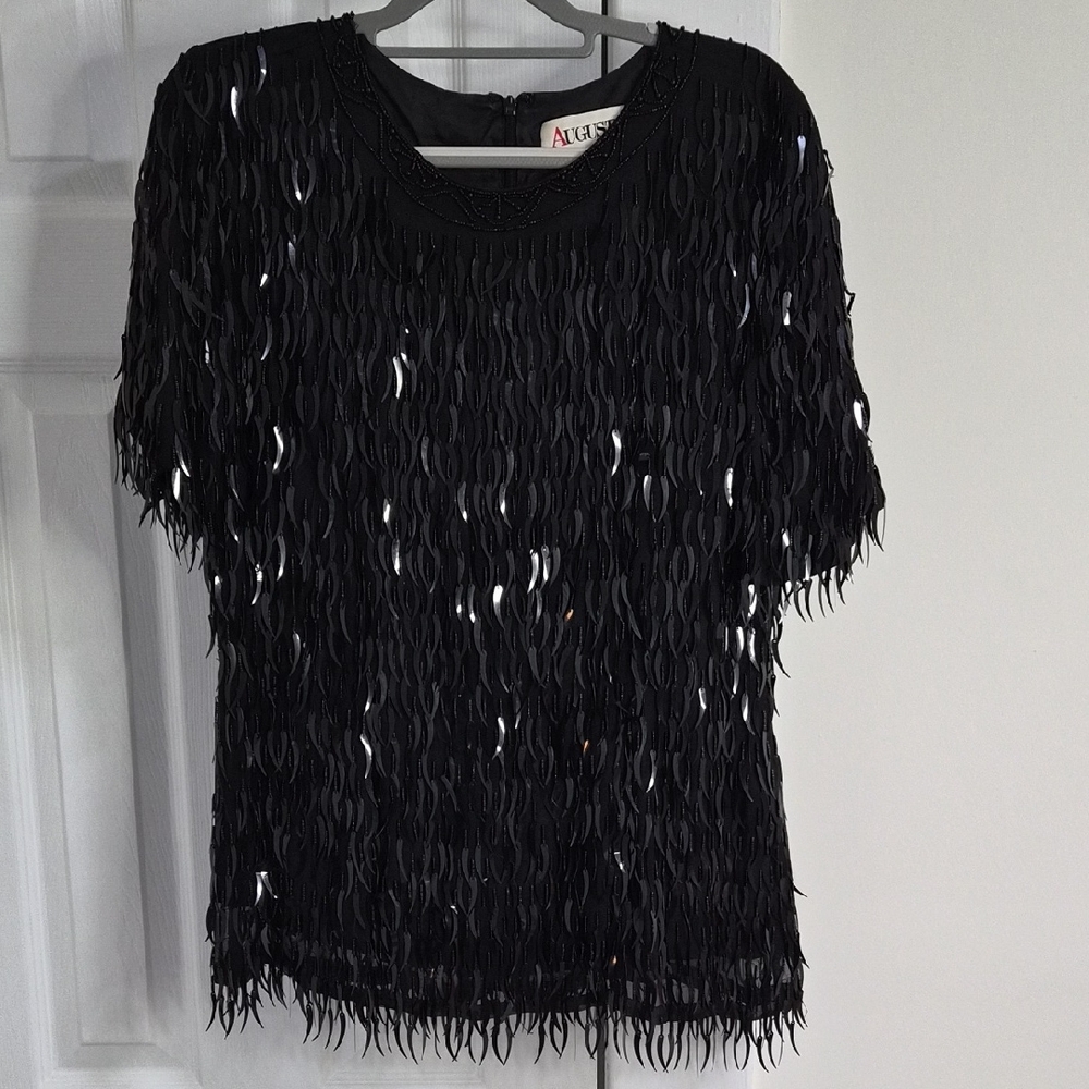 Augustat Black Sequin Vintage Short Sleeve Blouse